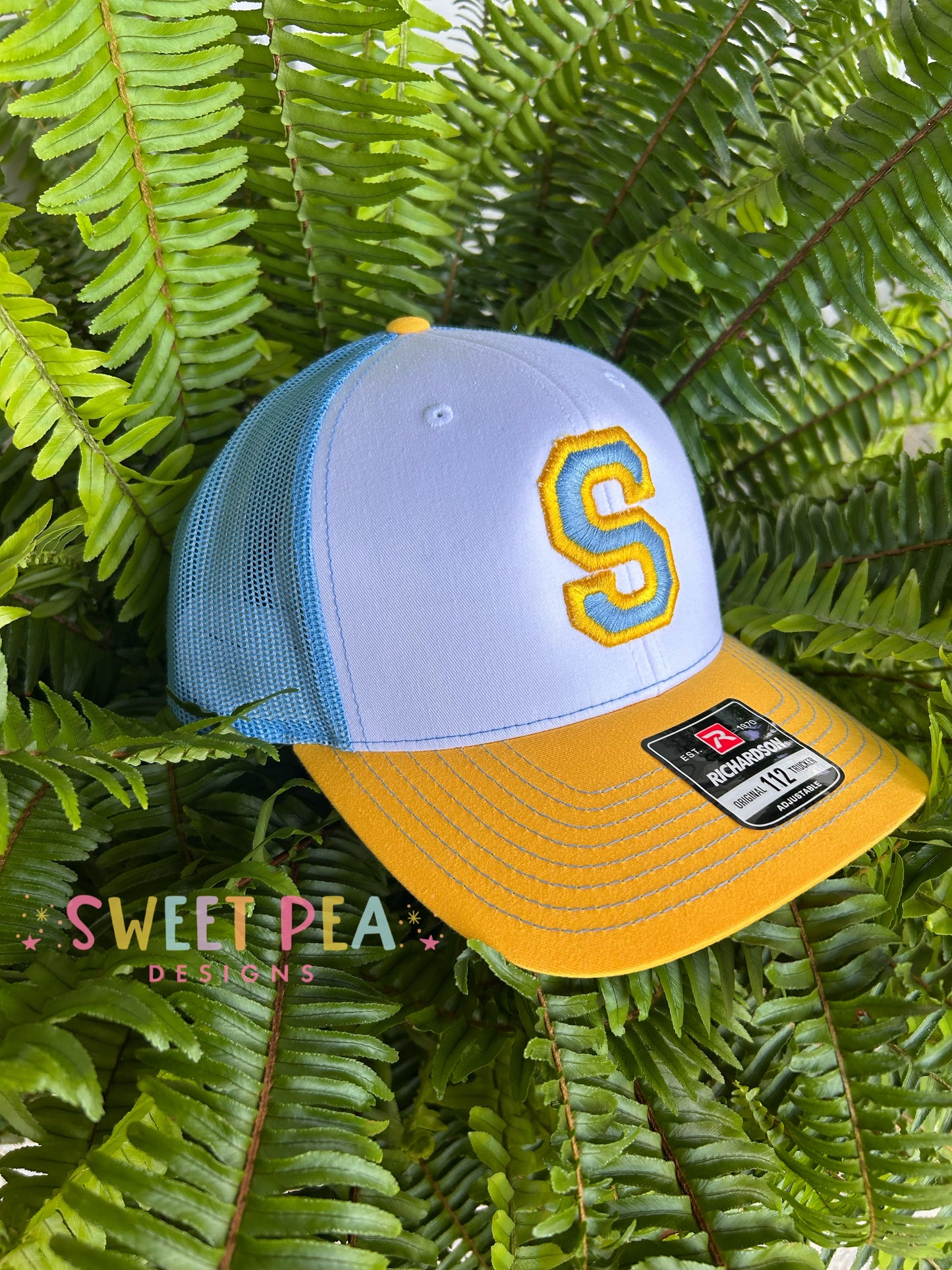Single Letter 3D Puff Embroidery Hat (Columbia Blue/Yellow)