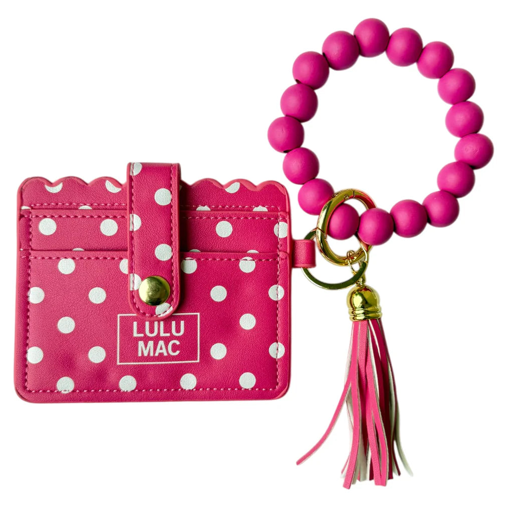 BEADED WRISTLET ID WALLETT HOT PINK/WHITE DOT