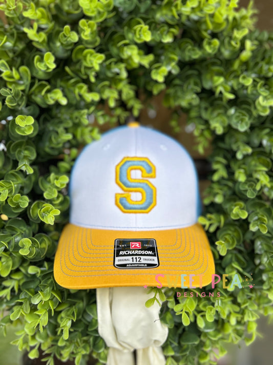 Single Letter 3D Puff Embroidery Hat (Columbia Blue/Yellow)