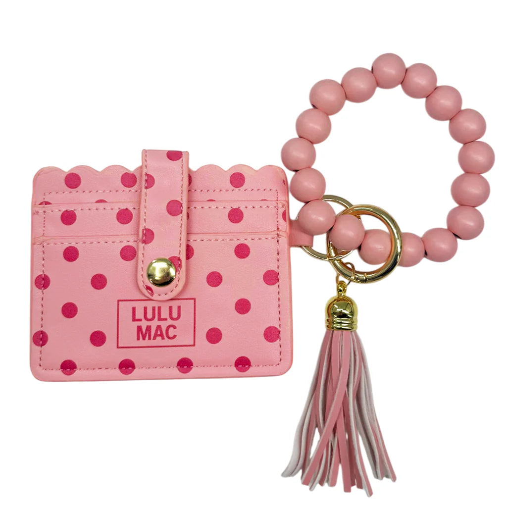 BEADED WRISTLET ID WALLETT PINK/HOT PINK DOT